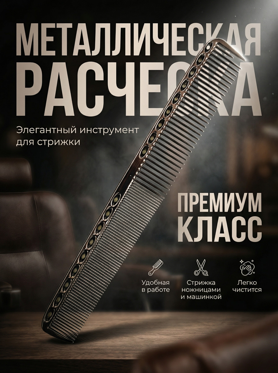 G-4 чёрная  расческа металлическая для стрижки